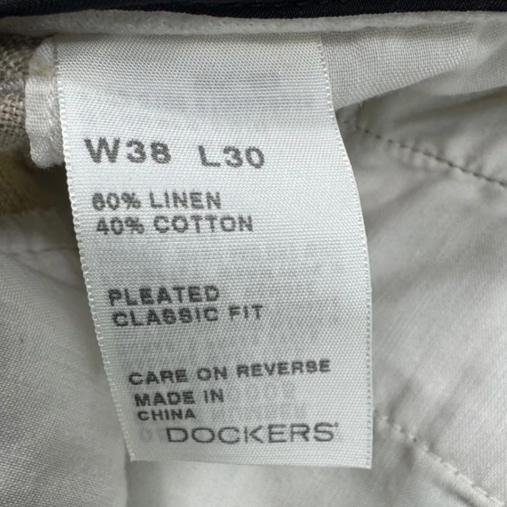 Dockers Premium D3 Classic Fit Linen Cotton Pleated Pants Mens 38x30 Beige Khaki